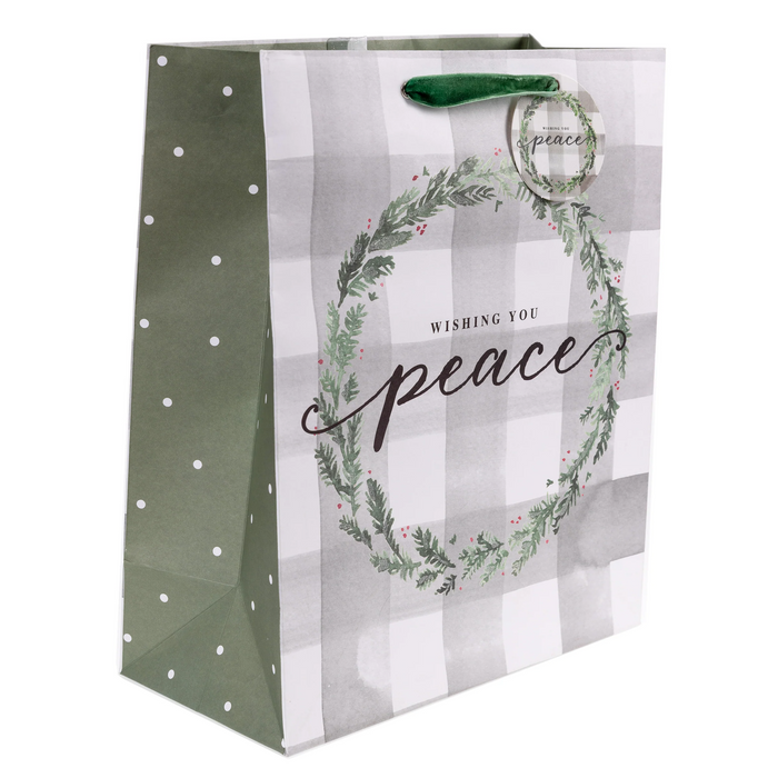 Peace Plaid Wreath Large Holiday Gift Bag