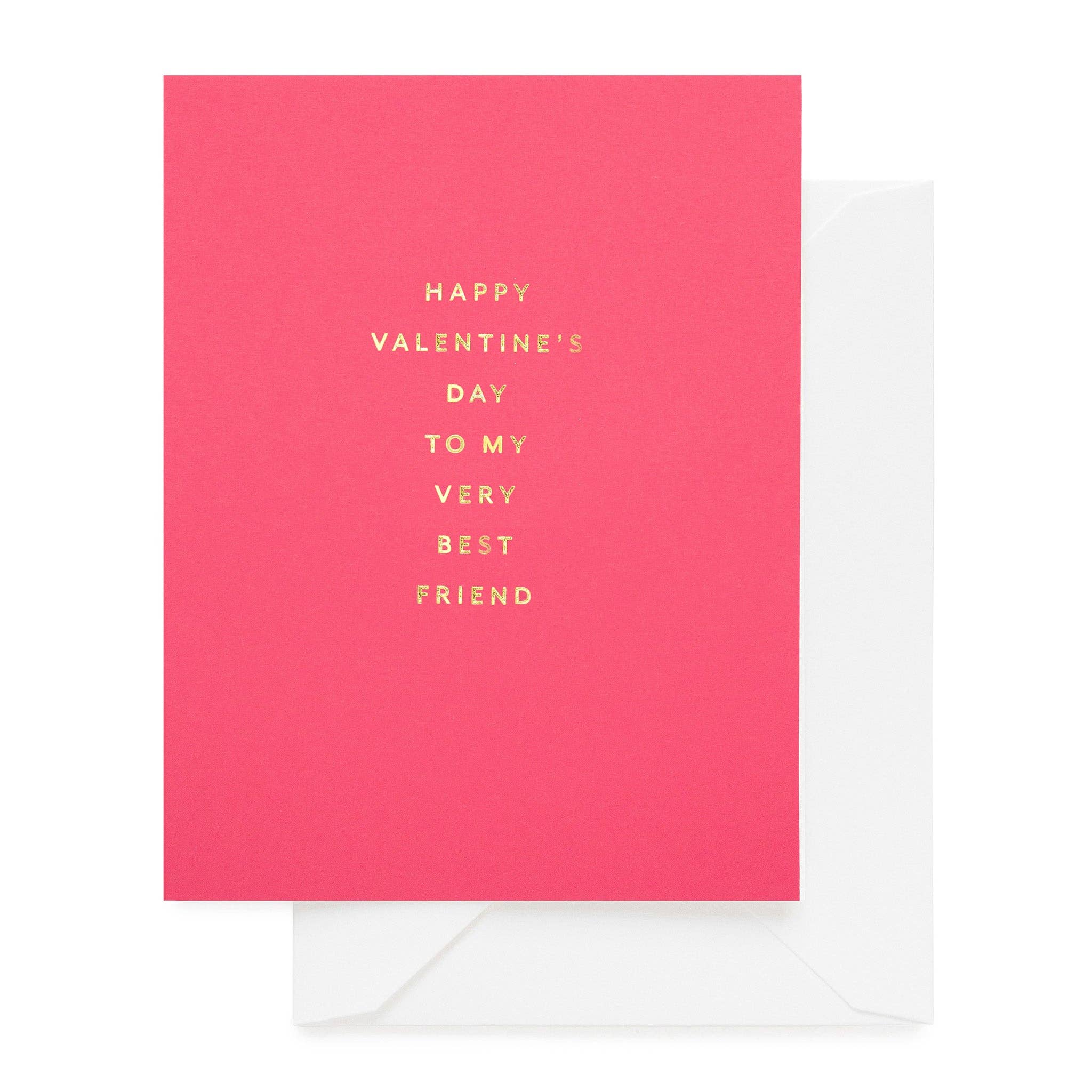Pink card with gold text 'Happy Valentine's Day to my very best friend' on a white background