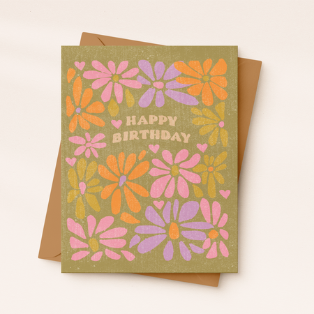 Birthday card with colorful floral design and 'Happy Birthday' text on a beige background