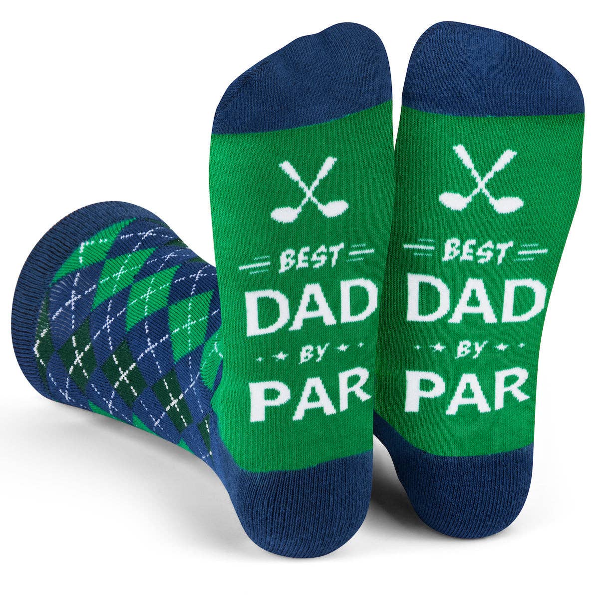 Green and blue socks with 'Best Dad by Par' text and golf club design on a white background