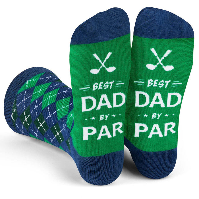 Green and blue socks with 'Best Dad by Par' text and golf club design on a white background