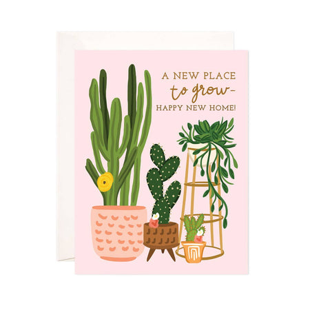 Card with illustrations of potted plants and text 'A New Place to Grow - Happy New Home' on a pink background