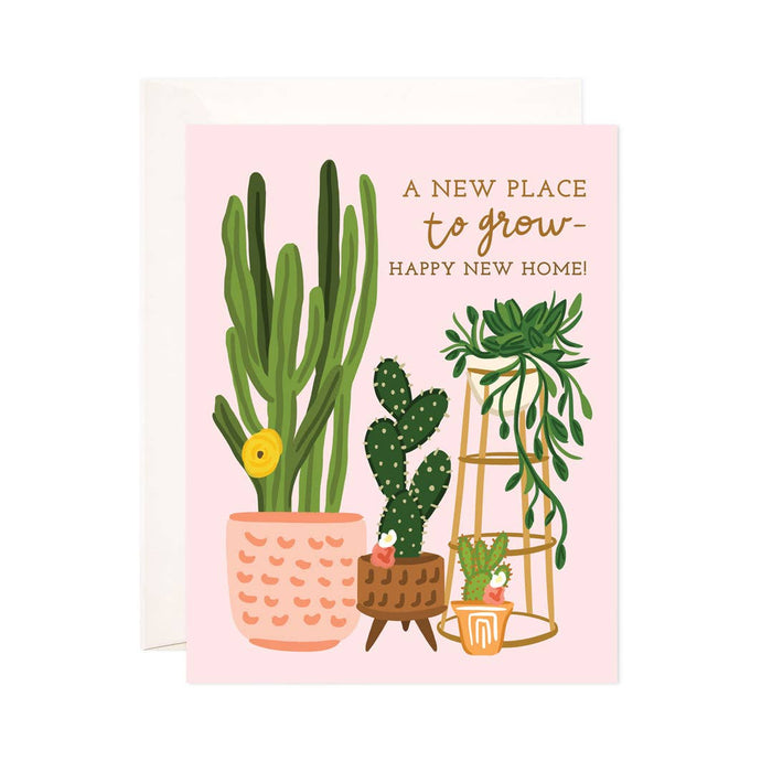 Card with illustrations of potted plants and text 'A New Place to Grow - Happy New Home' on a pink background