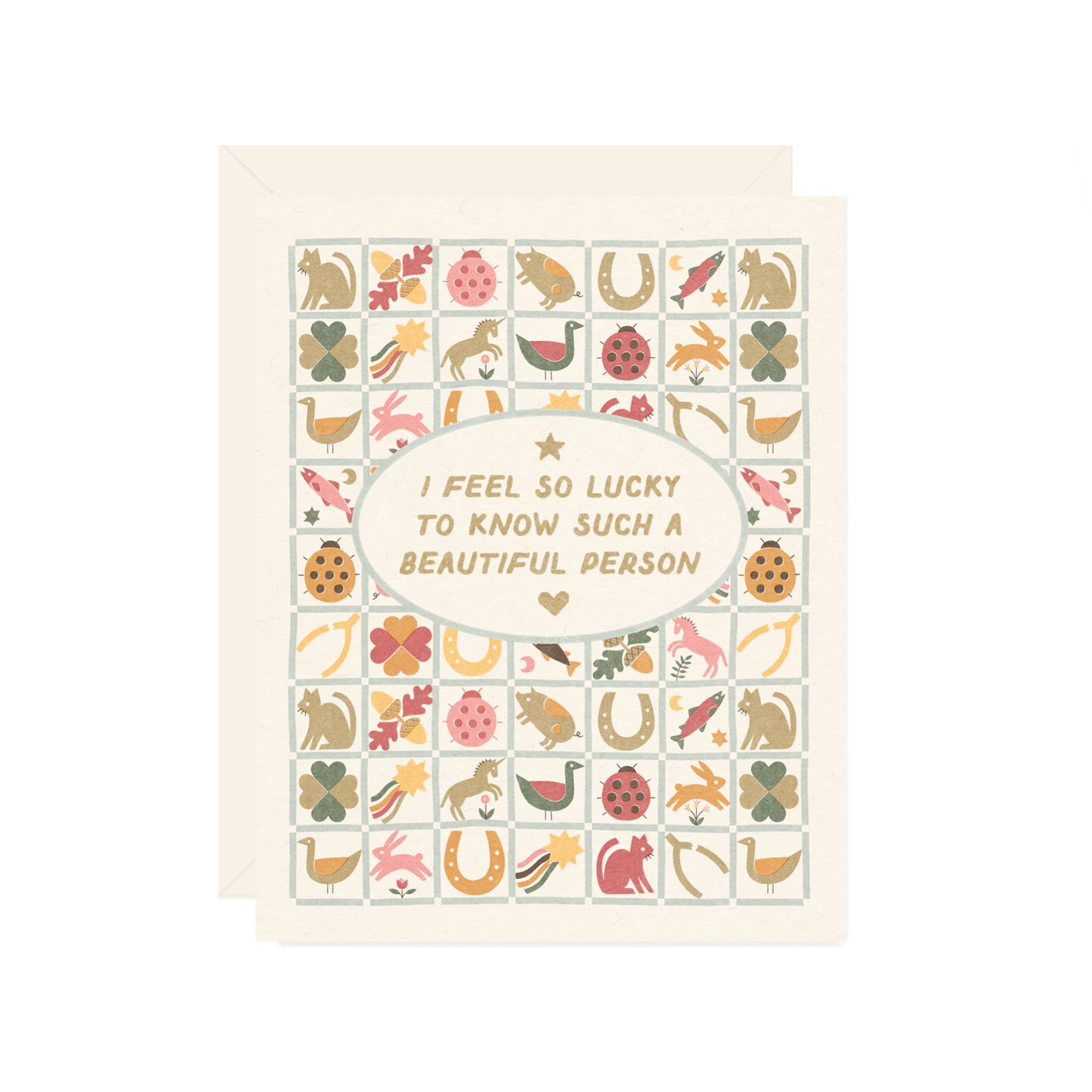Greeting card with decorative symbols and a message on a white background