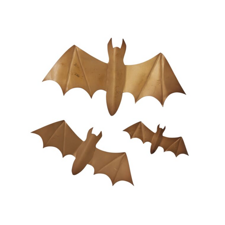 A set of three different sized winged bats in brown color designed for wall decoration.