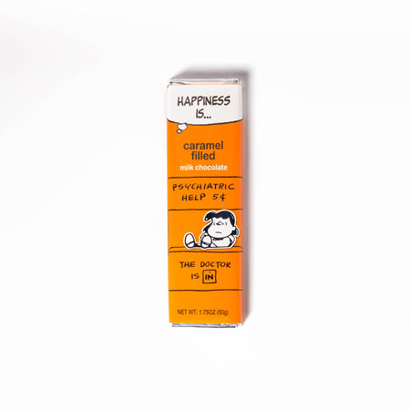 Orange chocolate bar packaging with humorous text on a white background