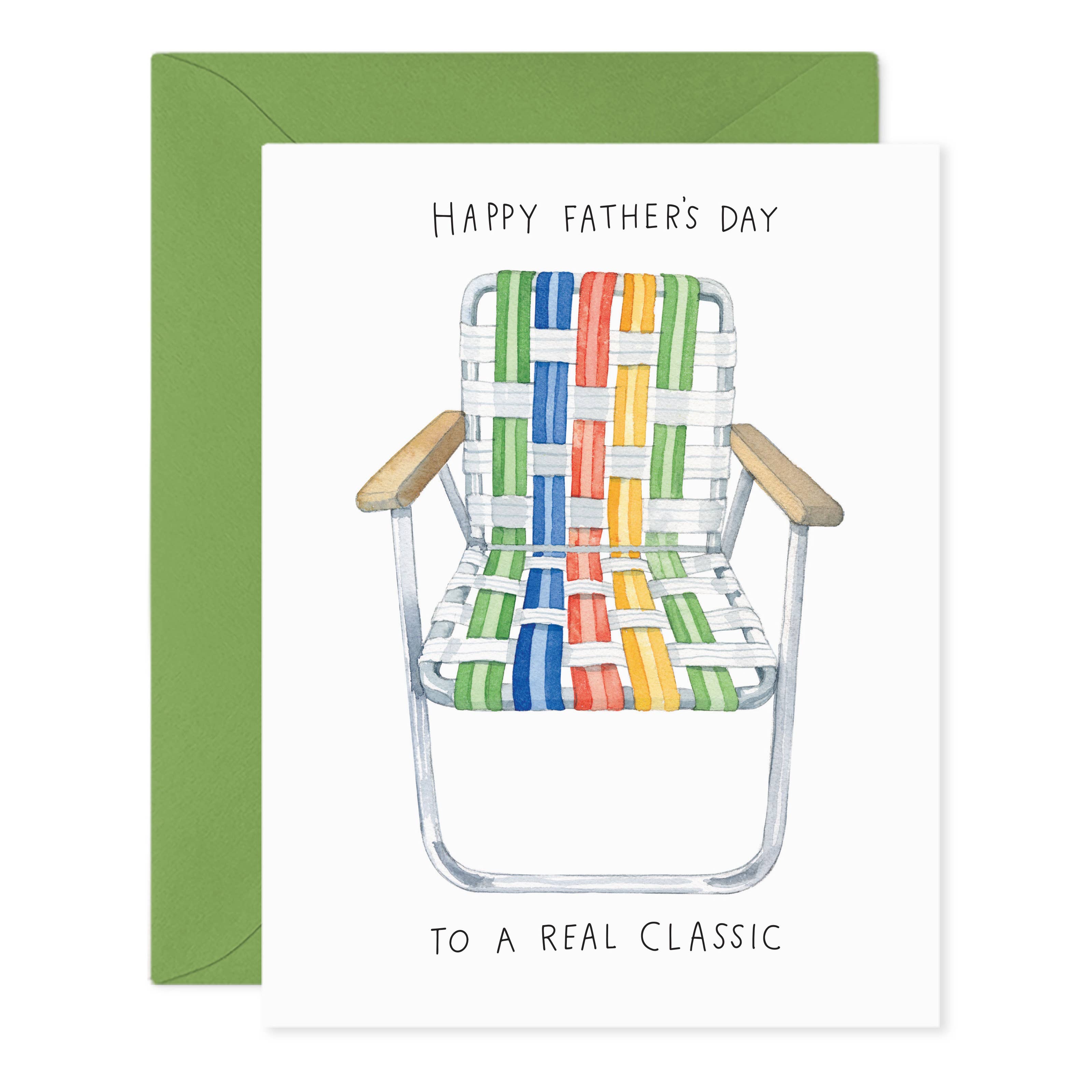 Father's Day card with a colorful deck chair illustration and green envelope.