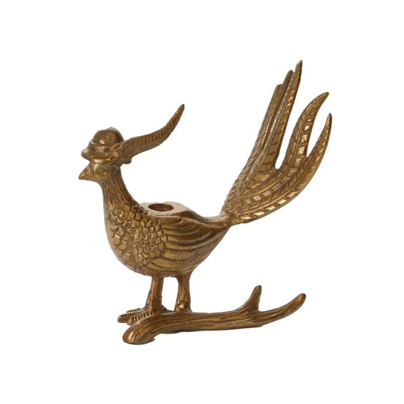 A decorative bronze bird figurine with a curved neck, detailed feather texture, and a hollow body opening, shown on a plain white background.