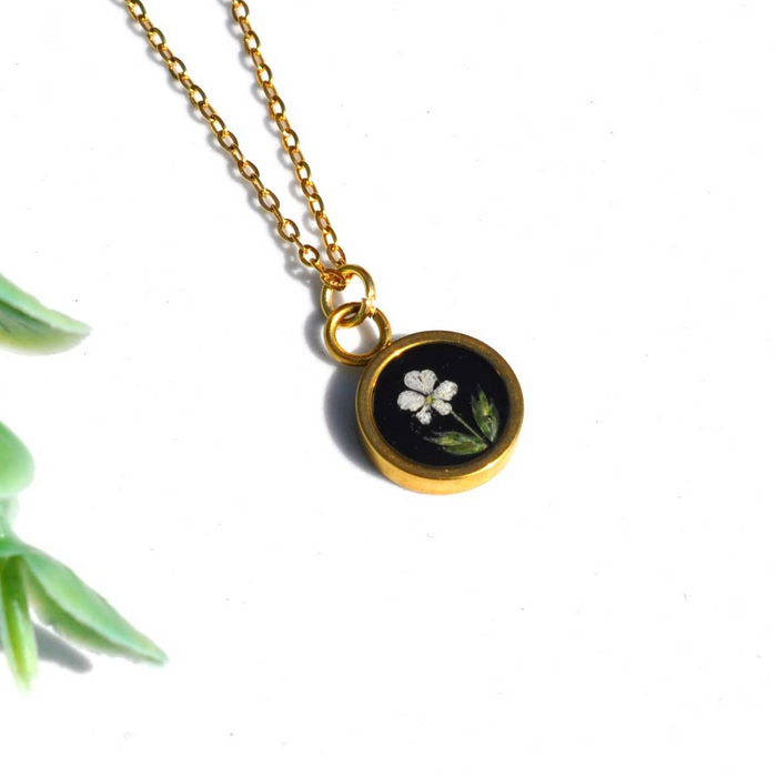 Pressed Flower Tiny Gold Circle Necklace