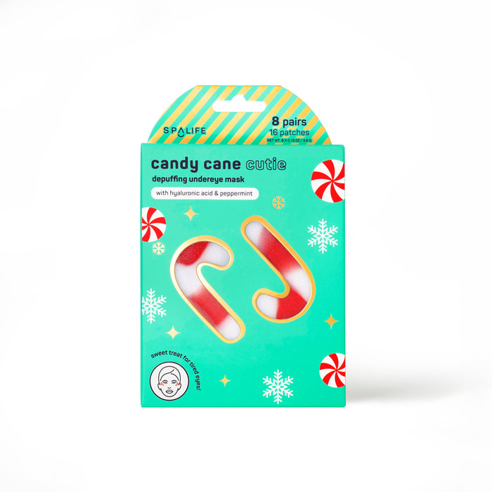 Packaging of a candy cane-themed eye mask set on a white background