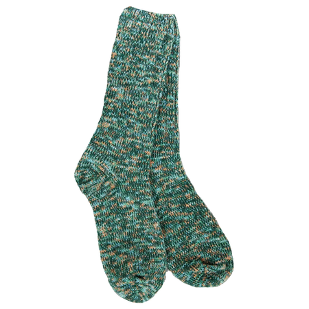 A pair of marled knit crew socks in a heathered mix of teal green, dark green, and tan, shown against a plain white background.