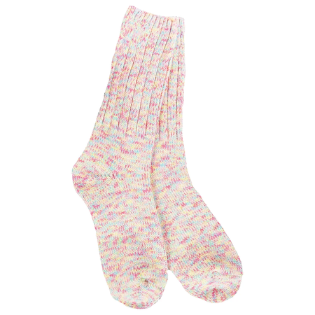 A pair of ribbed crew socks in a pastel multicolor marled yarn, featuring shades of pink, blue, yellow, and white, shown against a plain white background.