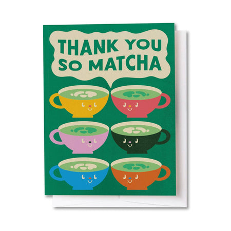Greeting card with colorful matcha cups and 'Thank you so matcha' text on a green background