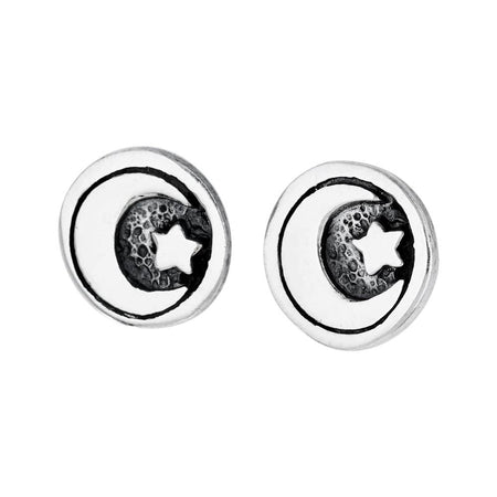 Pair of silver earrings with moon and star design on a white background