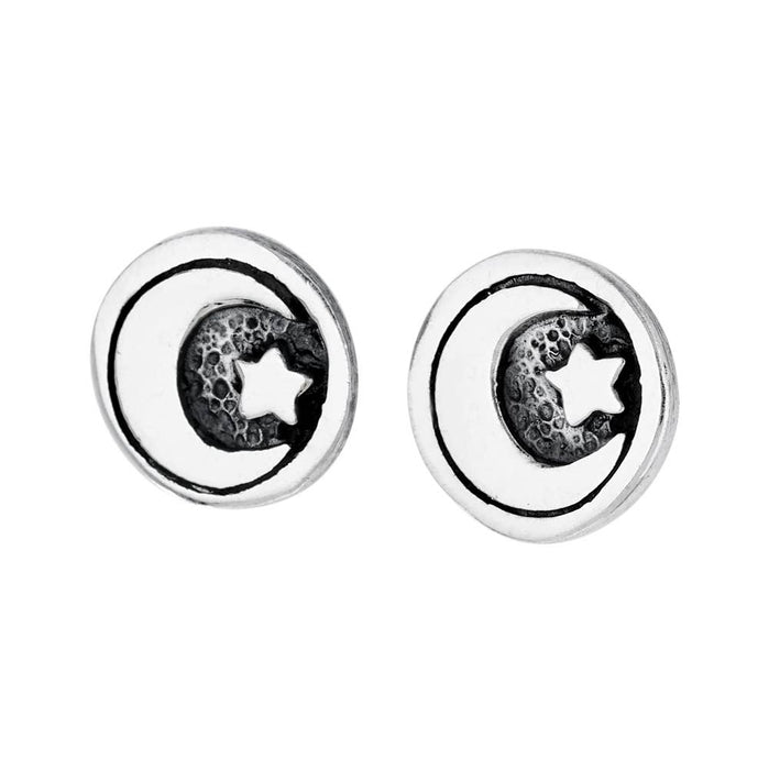Pair of silver earrings with moon and star design on a white background