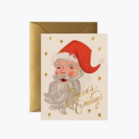 Christmas card with Santa Claus illustration and 'Season's Greetings' text, featuring a gold envelope.