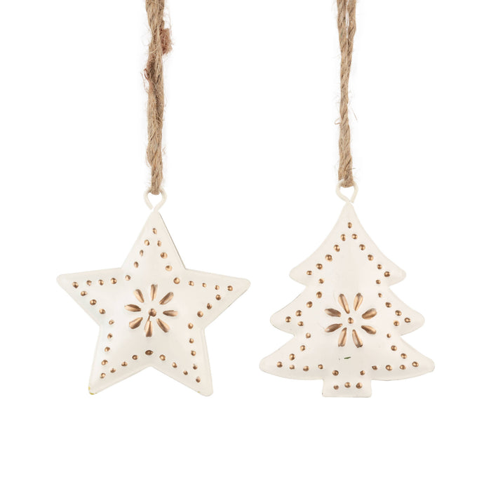 A20000:2 Asst'd cream painted metal star/tree orn 2 sided