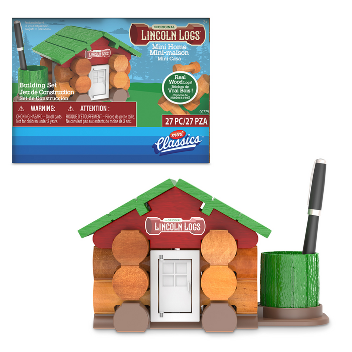 Wooden toy house with green roof and red base, featuring Lincoln Logs branding, next to its packaging on a white background.