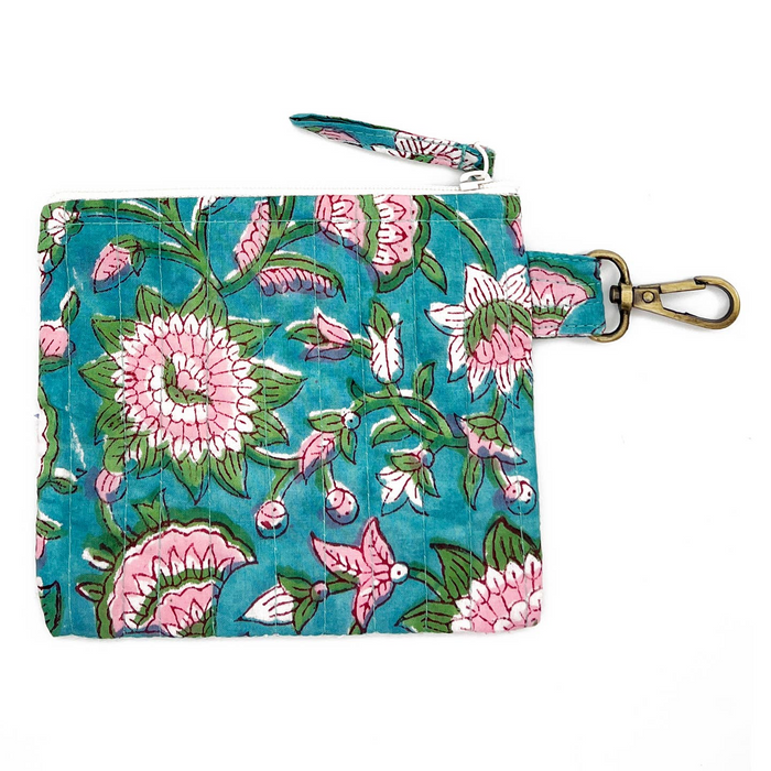 Floral patterned pouch with a strap on a white background