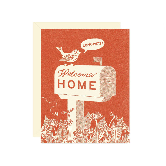 Greeting card with a mailbox and bird design on a red background