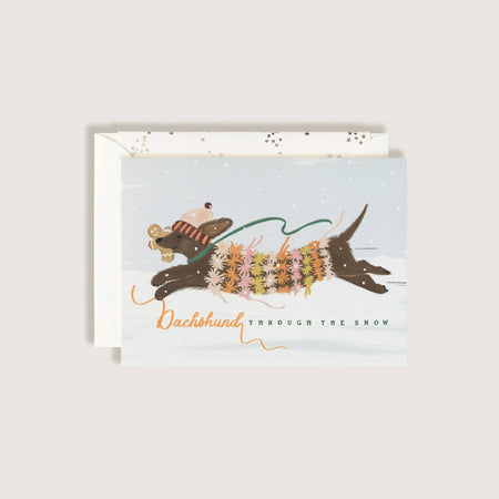 Greeting card with dachshund illustration and text on a light gray background