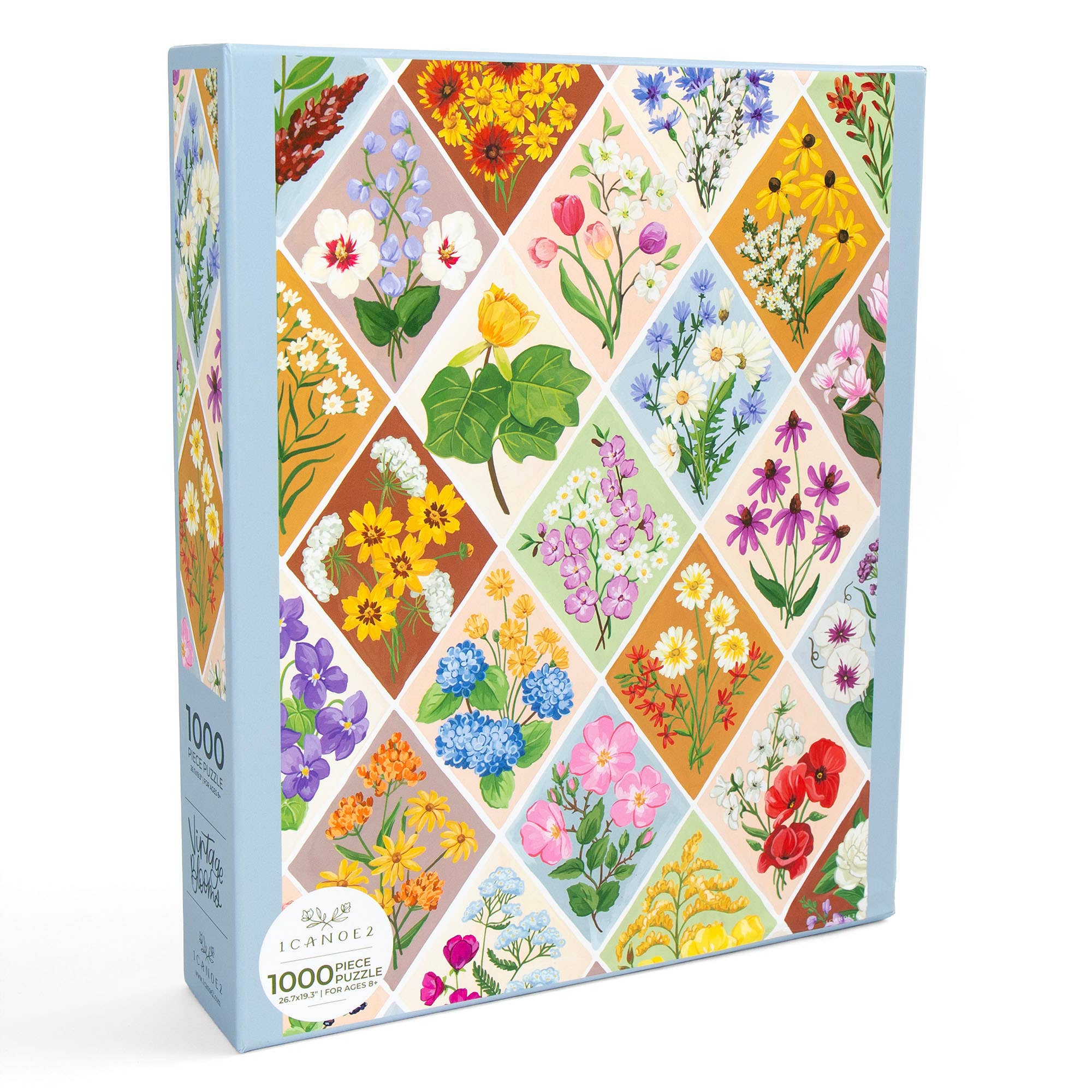 Jigsaw puzzle box with floral design on a white background