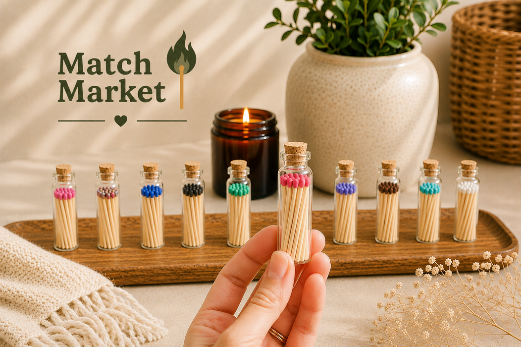 Color Tip Safety Matches in Glass Vial w Striker | 20 Colors