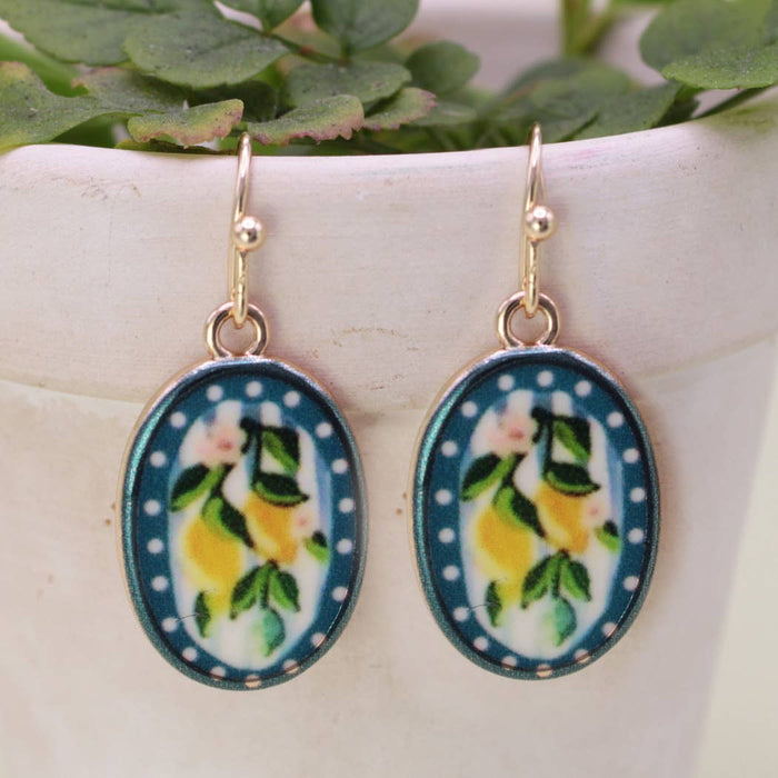 Lemon Branch Print Gold Oval Earrings