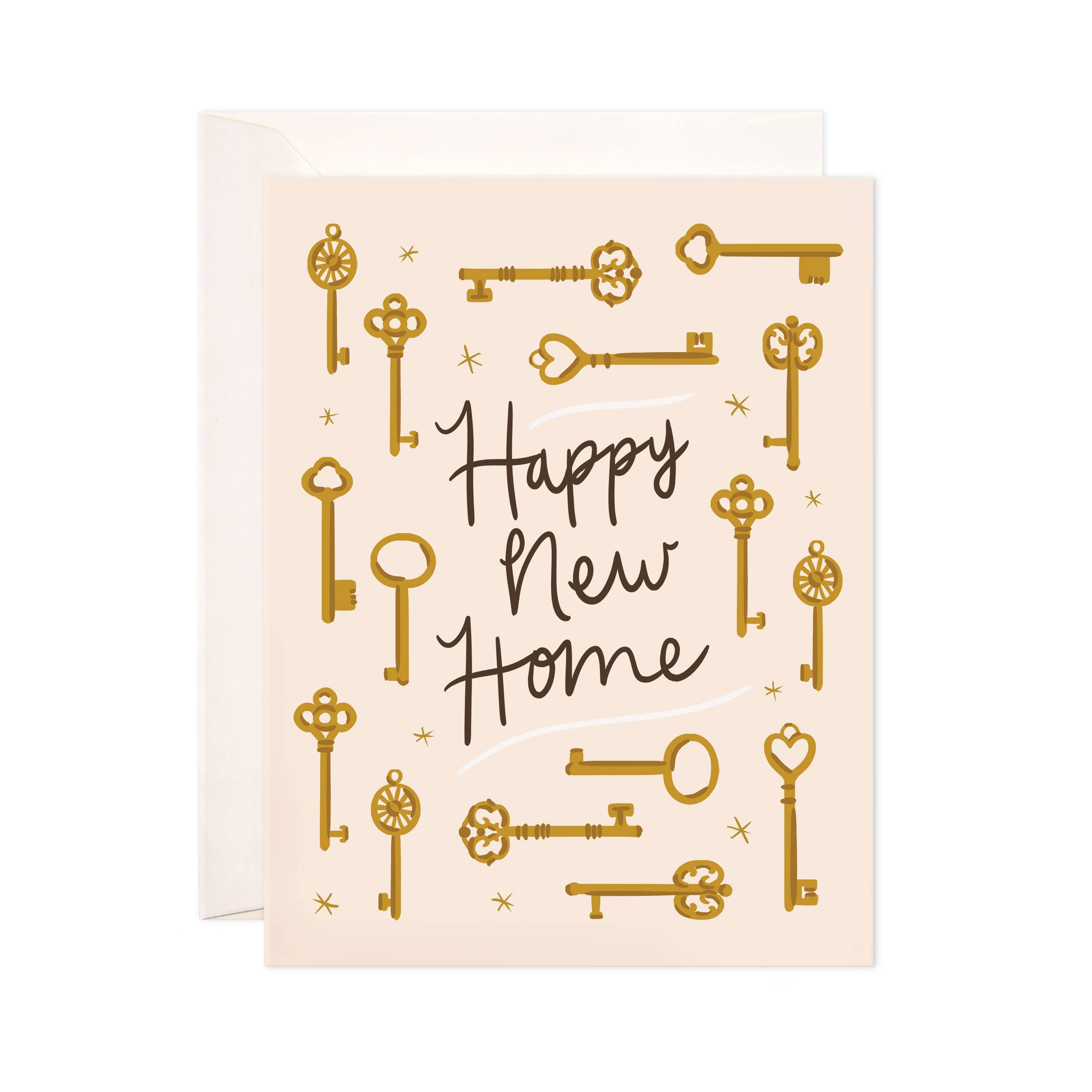 Greeting card with gold keys and 'Happy New Home' text on a beige background