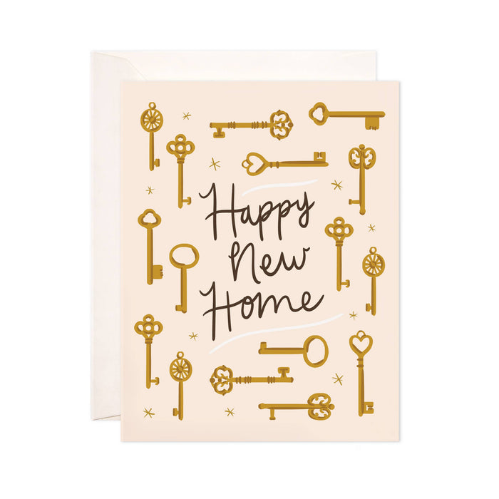 Greeting card with gold keys and 'Happy New Home' text on a beige background