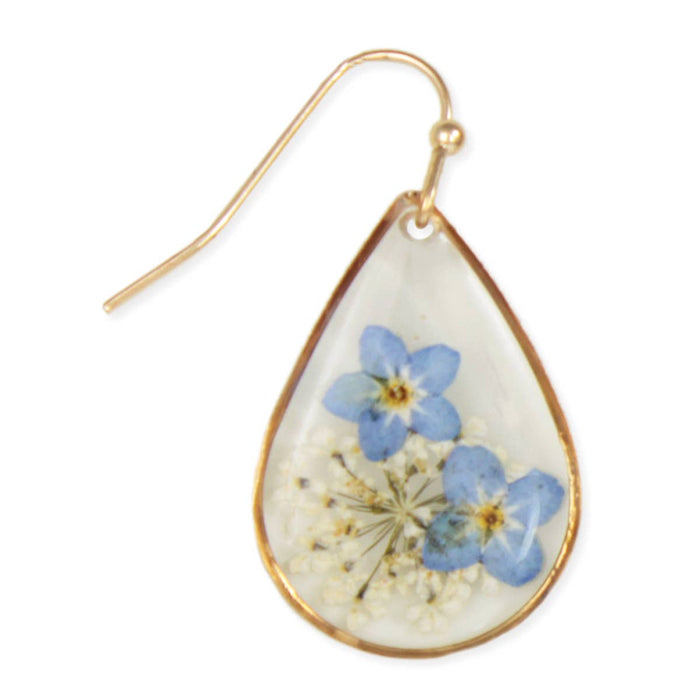 Cottage Blue Dried Flower Gold Teardrop Earrings