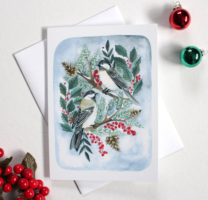 Holiday Card- Two Christmas Chickadees