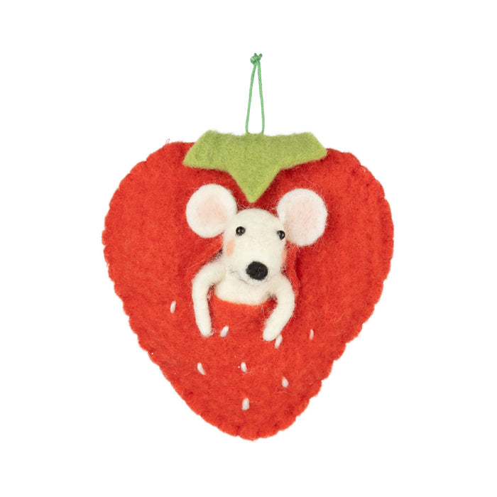 A12864:White felt mouse in red strawberry ornament, 5 in