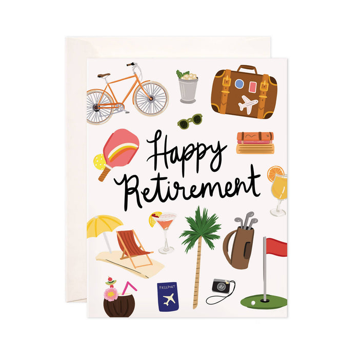 Greeting card with 'Happy Retirement' text and travel-themed illustrations on a white background