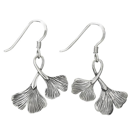 Silver leaf-shaped earrings on a white background