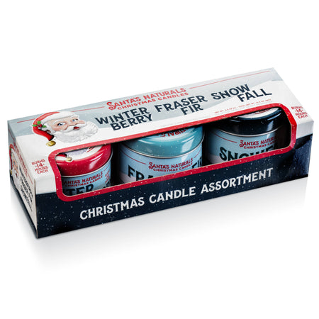 Box of Santa's Naturals Christmas candles with various scents on a white background