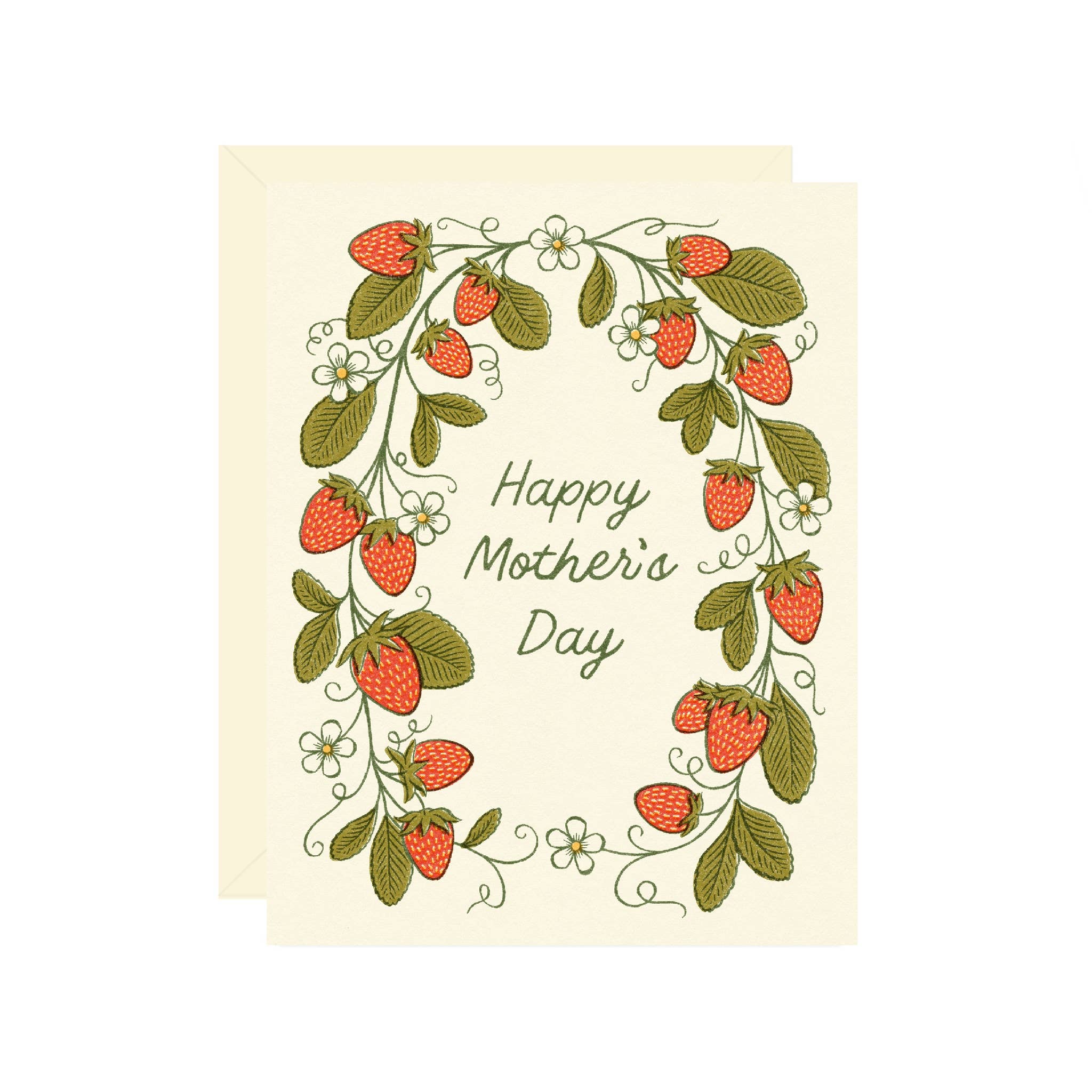 Greeting card with strawberry design and 'Happy Mother's Day' text on a white background