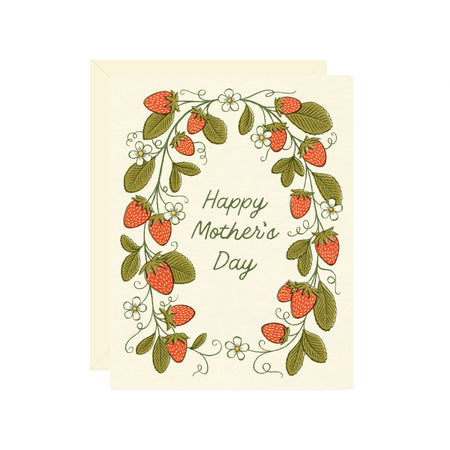 Greeting card with strawberry design and 'Happy Mother's Day' text on a white background