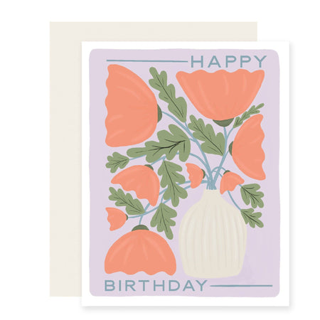 Birthday card with orange flowers and green leaves on a purple background