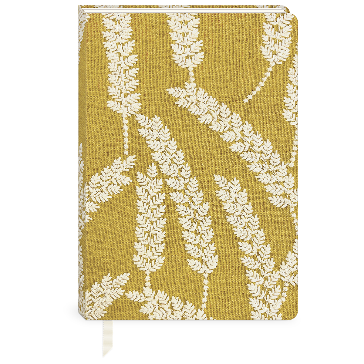 Notebook with white leaf pattern on a mustard yellow background