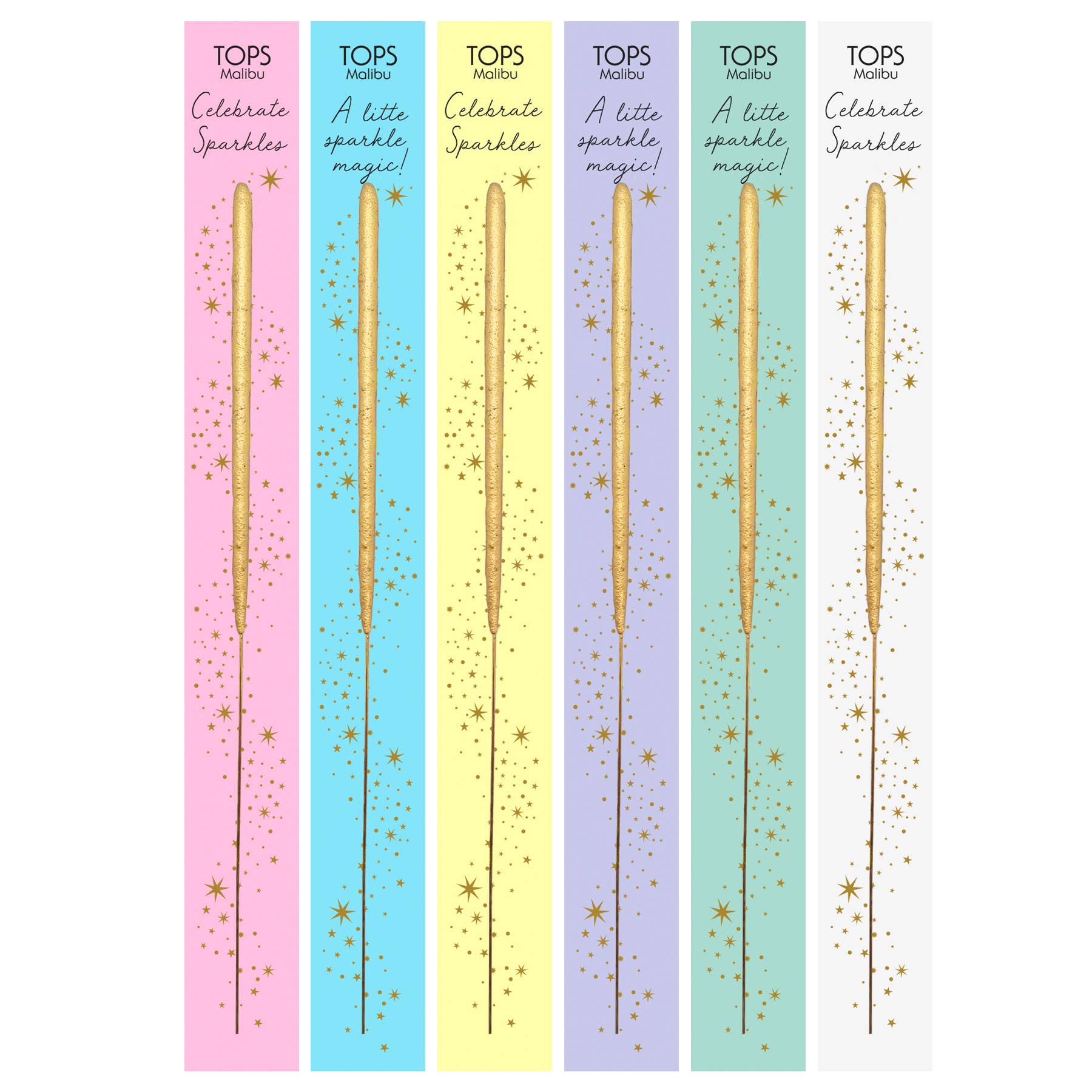 Set of five pastel-colored packages with gold sparklers on a white background