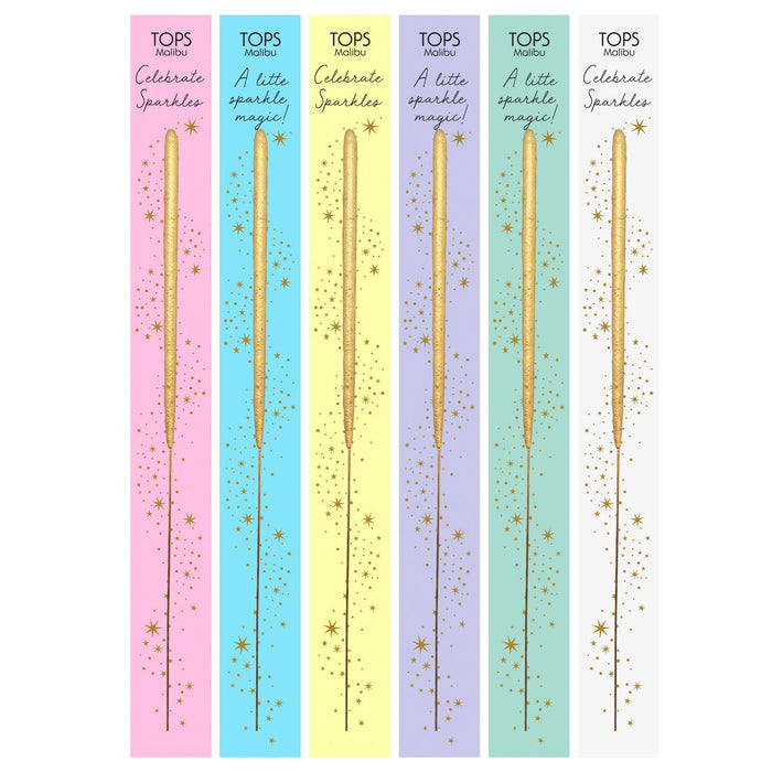 Set of five pastel-colored packages with gold sparklers on a white background