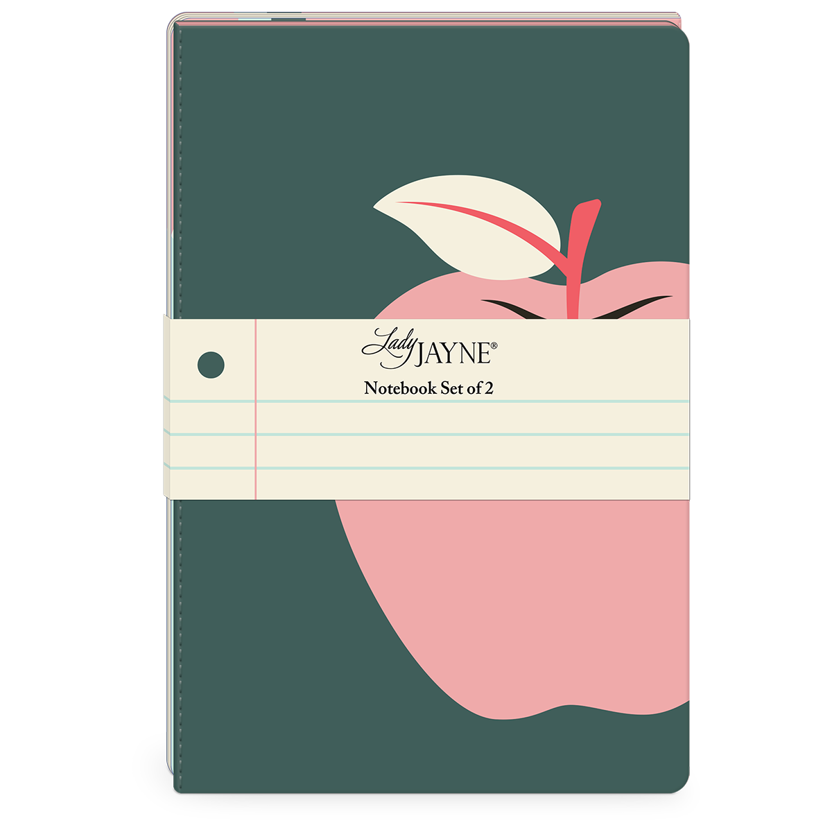 A dark teal notebook with a pink apple illustration and a cream-colored paper band reading 'Lady JAYNE Notebook Set of 2', shown on a plain white background.