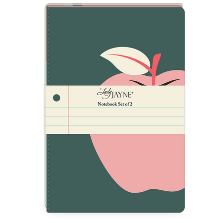A dark teal notebook with a pink apple illustration and a cream-colored paper band reading 'Lady JAYNE Notebook Set of 2', shown on a plain white background.