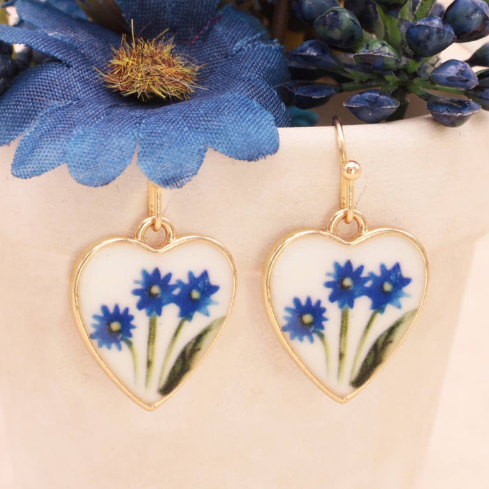 Blue Flower Enamel Gold Heart Earrings