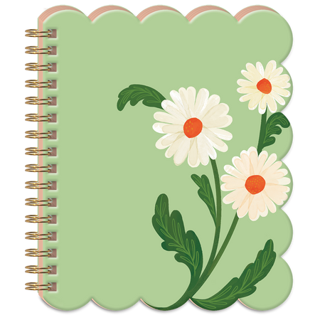 A spiral-bound notebook with a scalloped light green cover, decorated with three white daisies that have orange centers and green leaves. The notebook is shown against a plain white background.