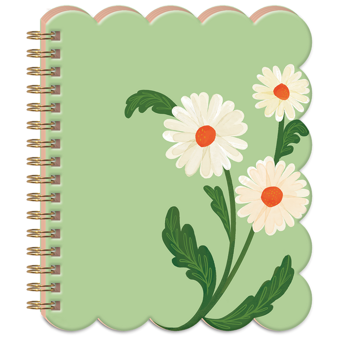 A spiral-bound notebook with a scalloped light green cover, decorated with three white daisies that have orange centers and green leaves. The notebook is shown against a plain white background.