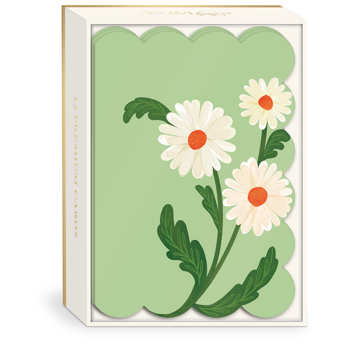 A boxed card set with a light green scalloped card insert featuring three white daisy flowers with orange centers and green leaves, shown on a white background.