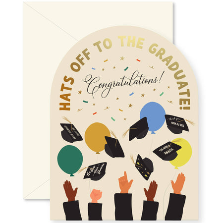 Graduation-themed card with colorful caps and text 'Hats Off to the Graduate! Congratulations!' on a beige background.
