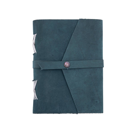 Teal fabric wrap with a button on a white background